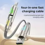 USB 4-in-1 Schnelllade-Kabel 30W | USB-C zu USB anti-verwickelndes Silikon RGB-LED Multi-Geräte-Kompatibilität und langlebig (2 m) - Grau
